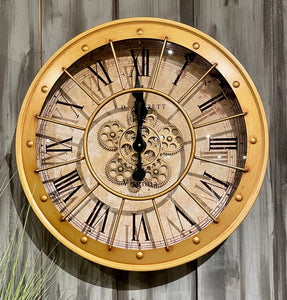 60 cm Vintage gold RIO Wanduhr mit Animation Zählwerk Zahnrad