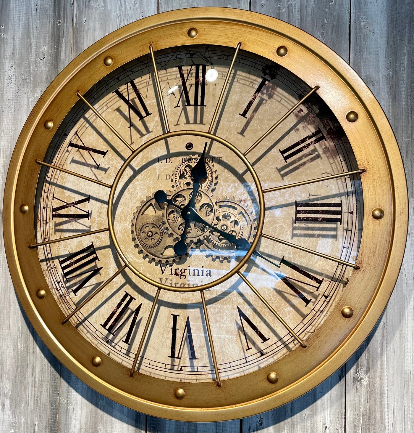 80 cm große Vintage gold RIO Wanduhr mit Animation Zählwerk Zahnrad Wand Uhr