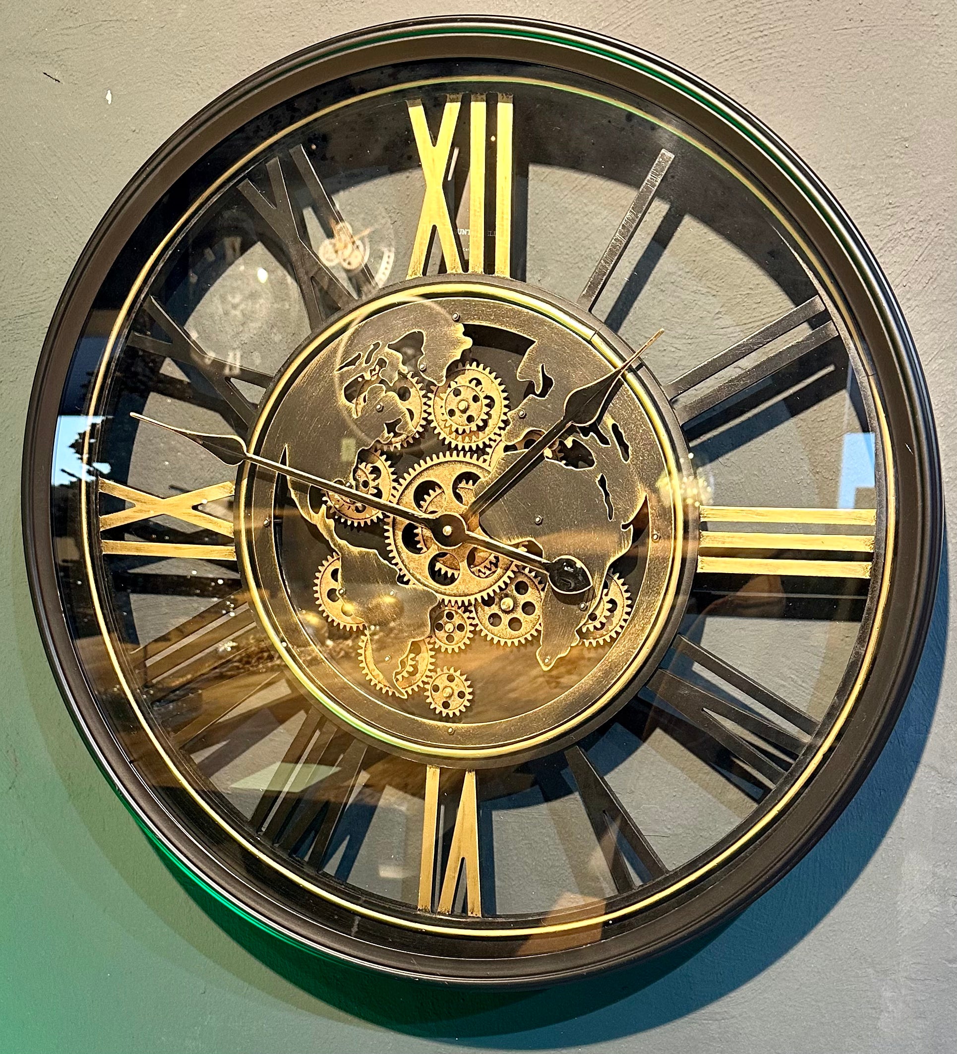 60 cm Weltkarte Wanduhr Zahnrad schwarz gold beweglich mit Zahnrädern