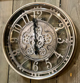 Horloge murale à engrenages Berlin mécanisme mobile animation argent gris 55 cm utilisable en extérieur