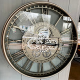 70 cm KENSINGTON Wanduhr Zahnrad Zählwerk Animation silber grau messing