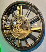 Lade das Bild in den Galerie-Viewer, 60 cm Weltkarte Wanduhr Zahnrad schwarz gold beweglich mit Zahnrädern
