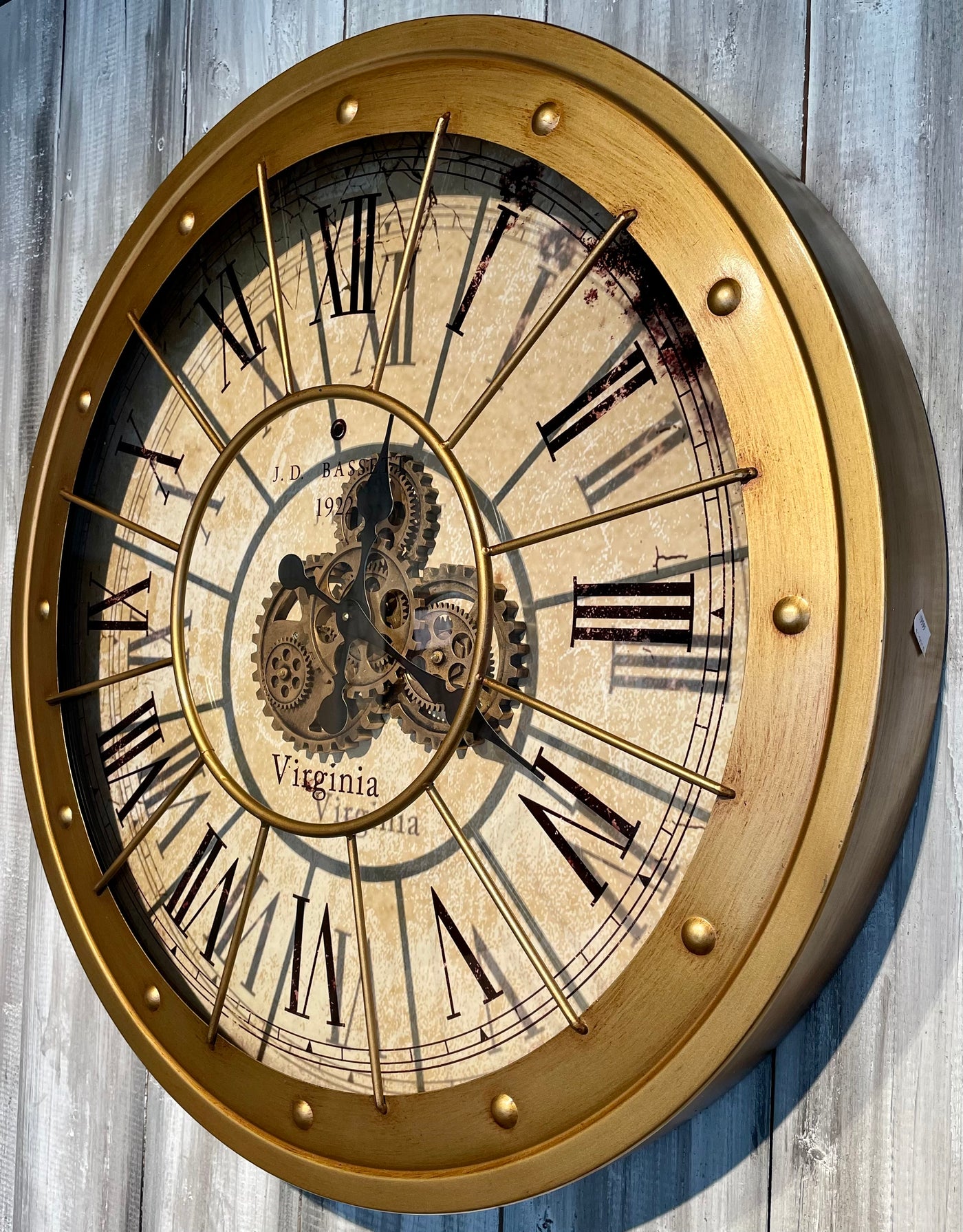 80 cm große Vintage gold RIO Wanduhr mit Animation Zählwerk Zahnrad Wand Uhr