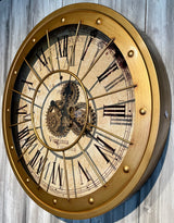 80 cm große Vintage gold RIO Wanduhr mit Animation Zählwerk Zahnrad Wand Uhr