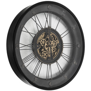 90 cm Wanduhr schwarz gold Industrial Metall Uhr XXL Zahnrad Animation Zahnräder drehend