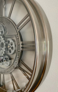 KENSINGTON 55 cm Wanduhr Zahnrad Zählwerk Animation silber grau.