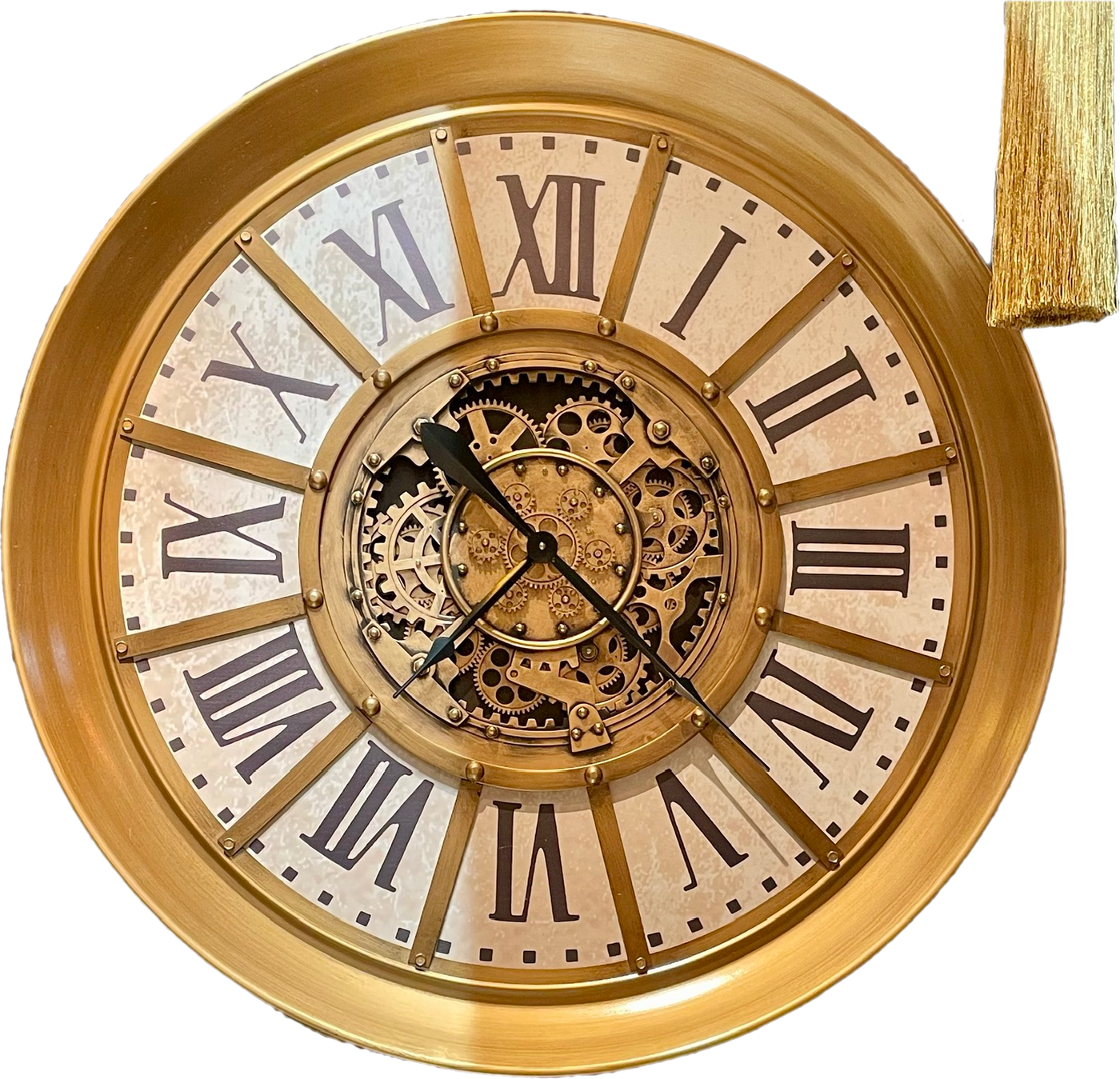 100 cm Wanduhr Zahnrad Zählwerk Animation gold Vintage weiss beige