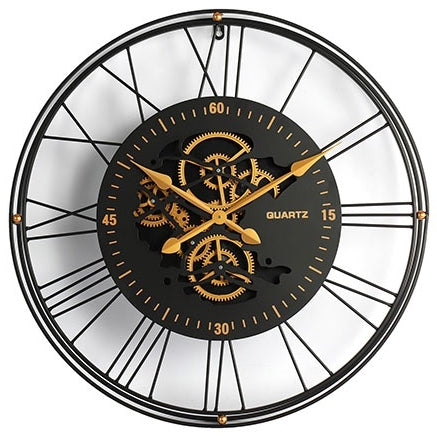 Große Wanduhr QUARTZ Industrie Stil Zahnrad Zählwerk 62 cm Schwarz matt gold