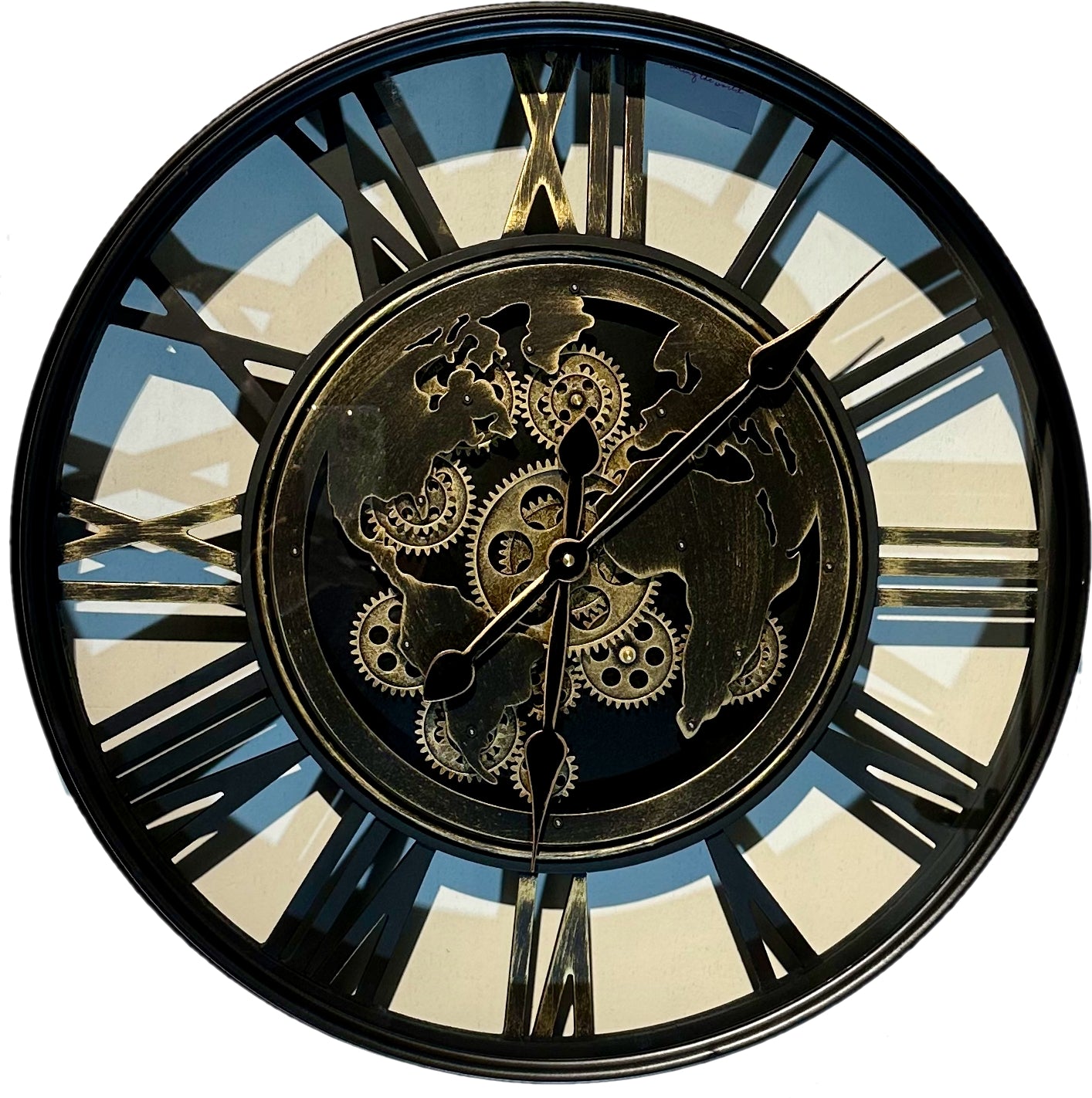 60 cm Weltkarte-Antik Wanduhr Zahnrad schwarz antik gold beweglich mit Zahnrädern
