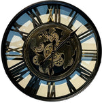 Lade das Bild in den Galerie-Viewer, 60 cm Weltkarte-Antik Wanduhr Zahnrad schwarz antik gold beweglich mit Zahnrädern
