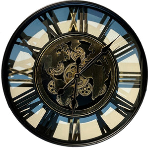 60 cm Weltkarte-Antik Wanduhr Zahnrad schwarz antik gold beweglich mit Zahnrädern