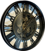 Lade das Bild in den Galerie-Viewer, 60 cm Weltkarte-Antik Wanduhr Zahnrad schwarz antik gold beweglich mit Zahnrädern
