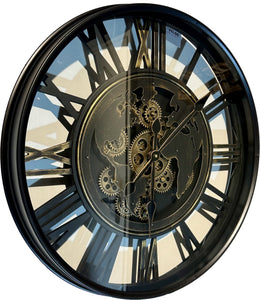 60 cm Weltkarte-Antik Wanduhr Zahnrad schwarz antik gold beweglich mit Zahnrädern