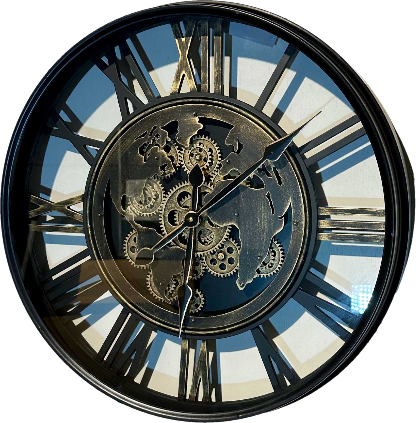 60 cm Weltkarte-Antik Wanduhr Zahnrad schwarz antik gold beweglich mit Zahnrädern