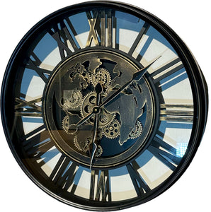 60 cm Weltkarte-Antik Wanduhr Zahnrad schwarz antik gold beweglich mit Zahnrädern