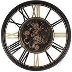 Lade das Bild in den Galerie-Viewer, 80 cm Weltkarte Wanduhr Zahnrad schwarz gold beweglich mit Zahnrädern

