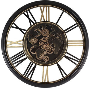 80 cm Weltkarte Wanduhr Zahnrad schwarz gold beweglich mit Zahnrädern
