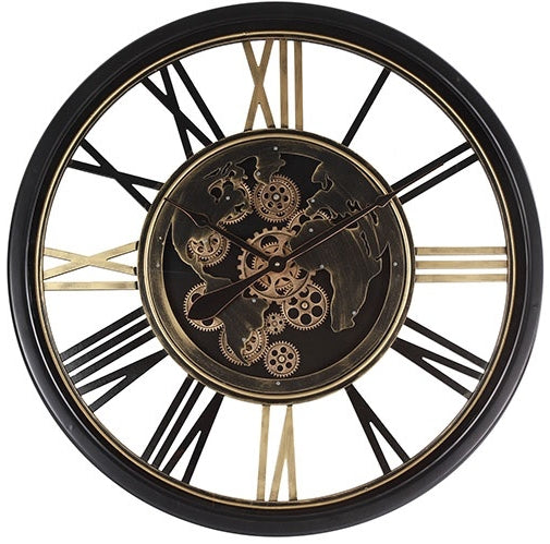 60 cm Weltkarte Wanduhr Zahnrad schwarz gold beweglich mit Zahnrädern