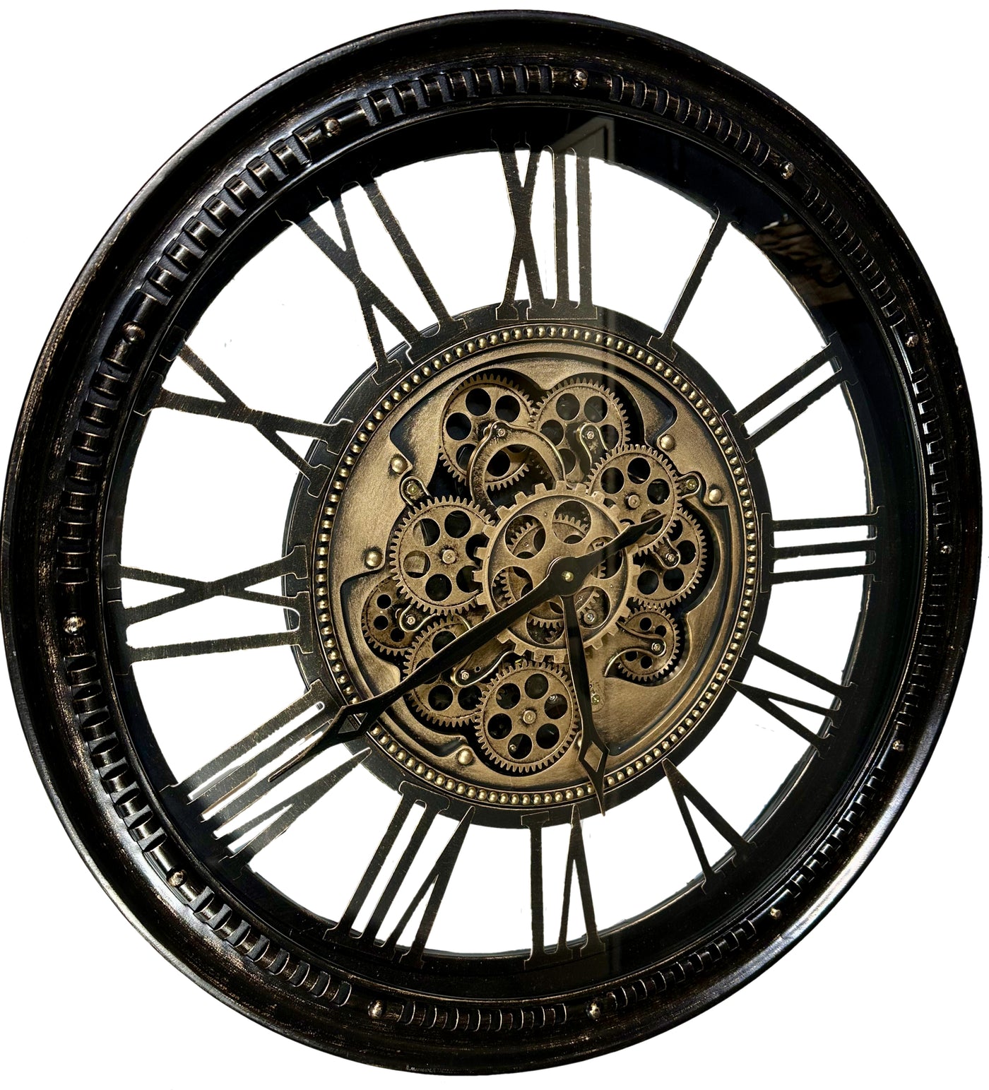 Wanduhr PRAG Zahnrad schwarz-gold Metall Zählwerk 63 cm