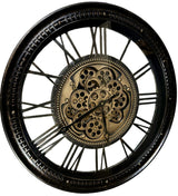 Wanduhr PRAG Zahnrad schwarz-gold Metall Zählwerk 63 cm