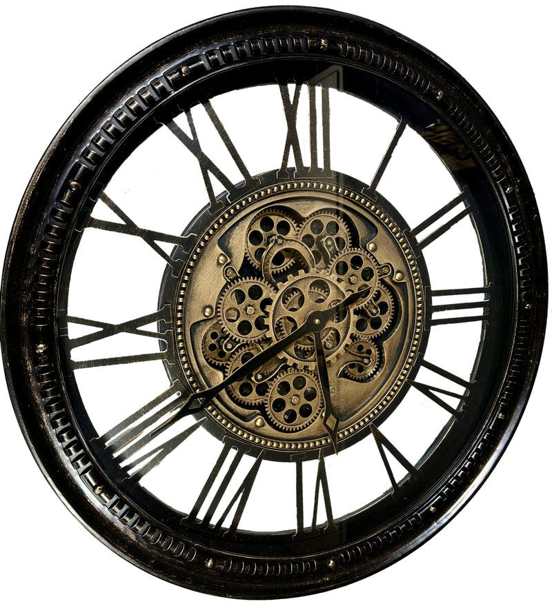 Wanduhr PRAG Zahnrad schwarz-gold Metall Zählwerk 63 cm